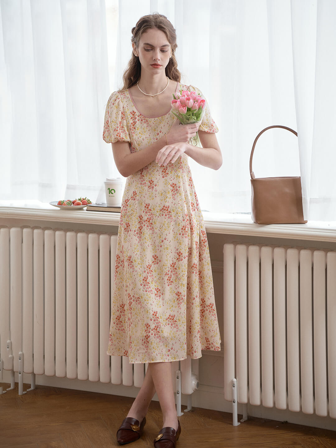 Fatima round square neck puff sleeve floral dress