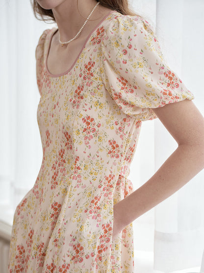 Fatima round square neck puff sleeve floral dress