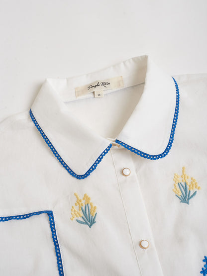 Artemis 花卉刺繡泡泡袖撞色拼接襯衫